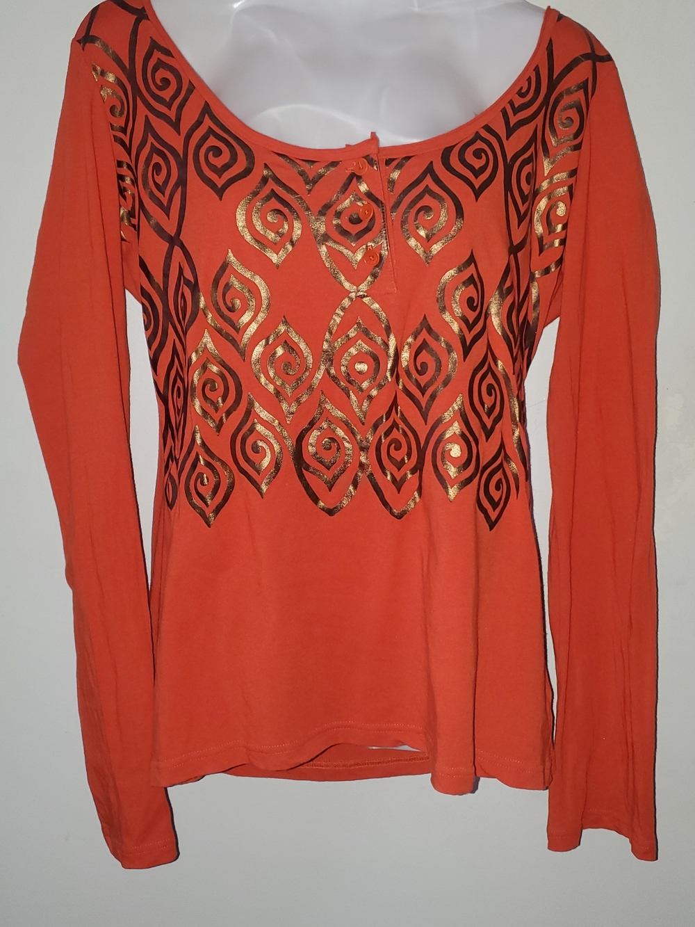 Women’s Long Sleeve Orange Top with Metallic Print